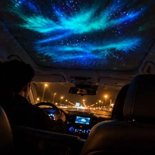 Tetto di un'auto parcheggiata illuminato da un'aurora proiettata