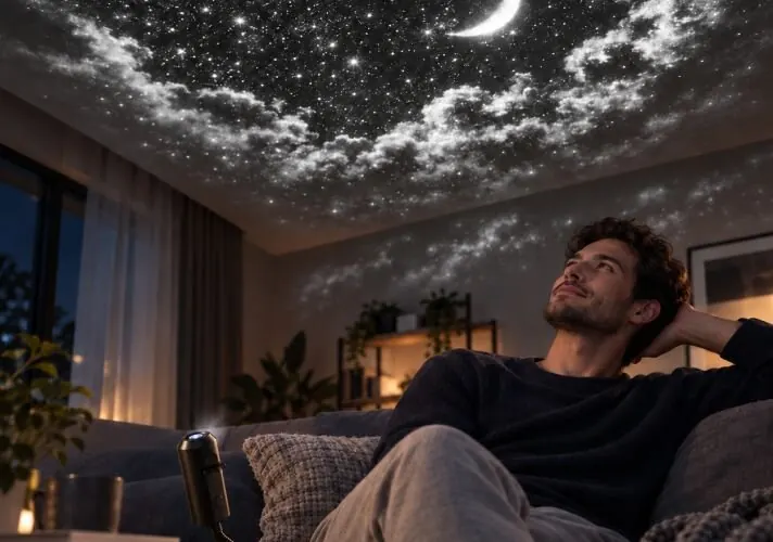 Soffitto coperto di stelle e di una nebulosa blu proiettate da ZoomySky in una stanza buia