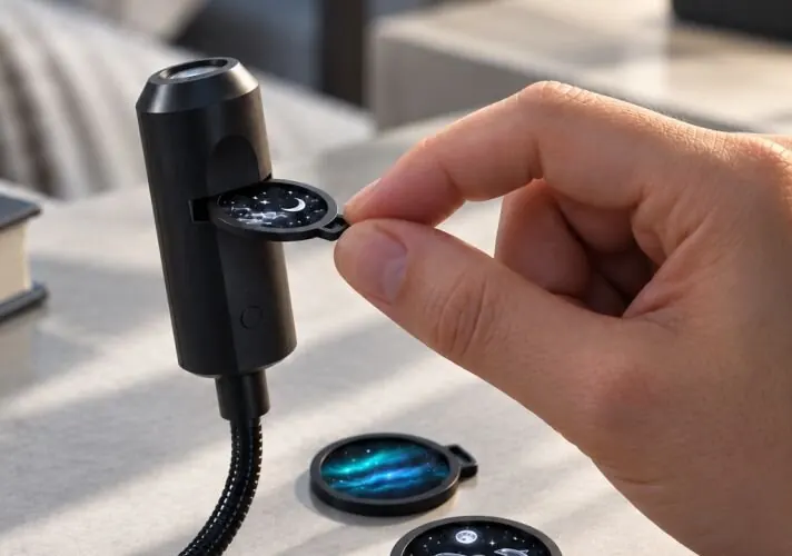 Mano che inserisce un disco in vetro nella fessura del mini proiettore ZoomySky
