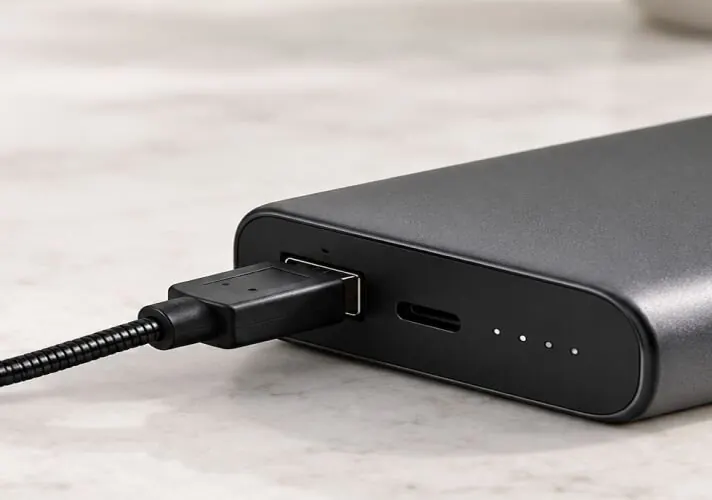 Cavo USB di ZoomySky collegato a un power bank appoggiato sul comodino