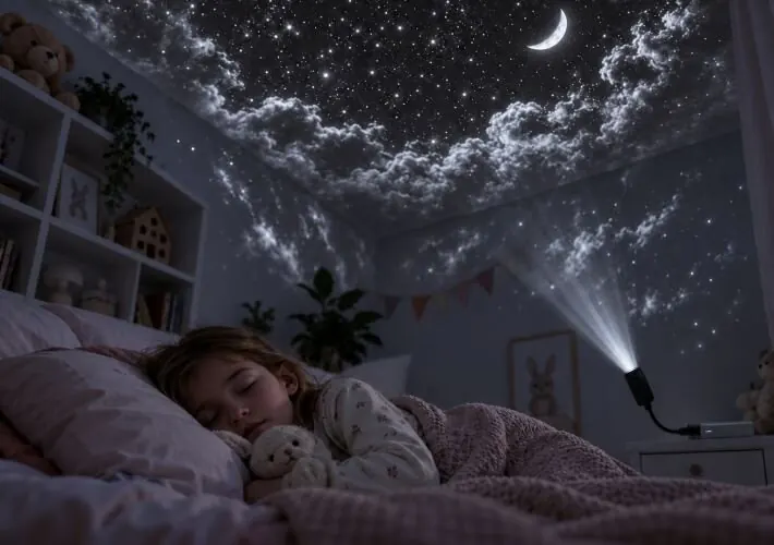 Bambino sdraiato nel letto che guarda un cielo stellato proiettato sul soffitto della cameretta