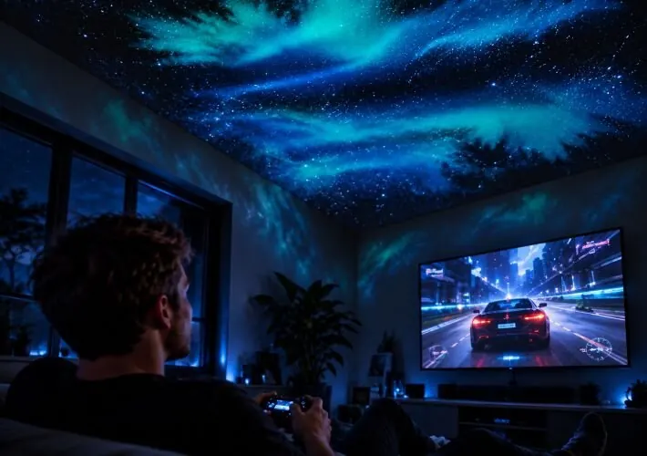 Coppia sul divano davanti a un film, con il soffitto del salotto pieno di stelle blu