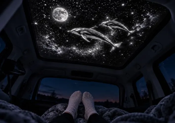 Interno di un van camperizzato di notte con stelle proiettate sul soffitto