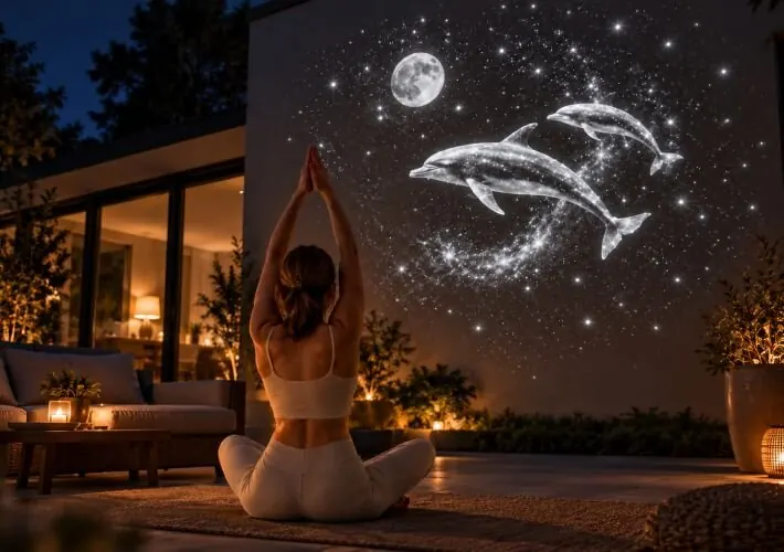 Donna seduta a gambe incrociate su un tappetino da yoga in un salotto illuminato da stelle proiettate